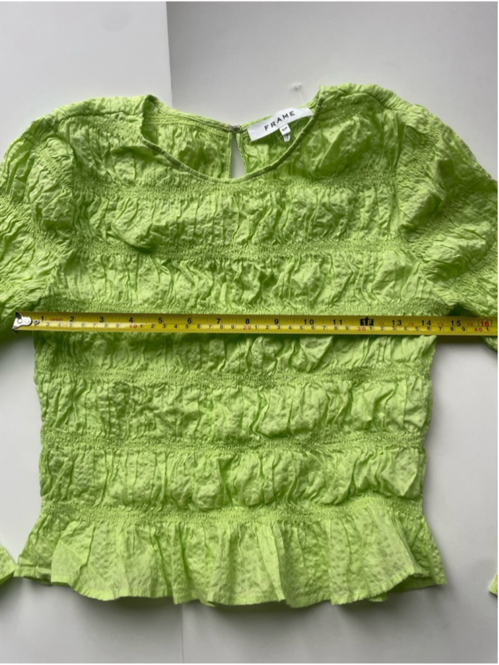 Frame Neon Green Smocked Ruffle Blouse Cotton Long Sleeve Top Small - Picture 4 of 7